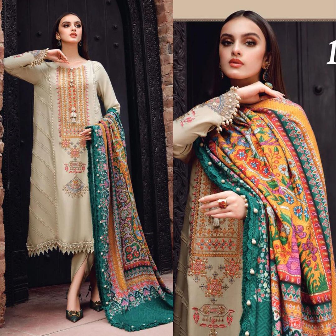 3- Piece Embroidered Dhanak Dress with Wool Shawl