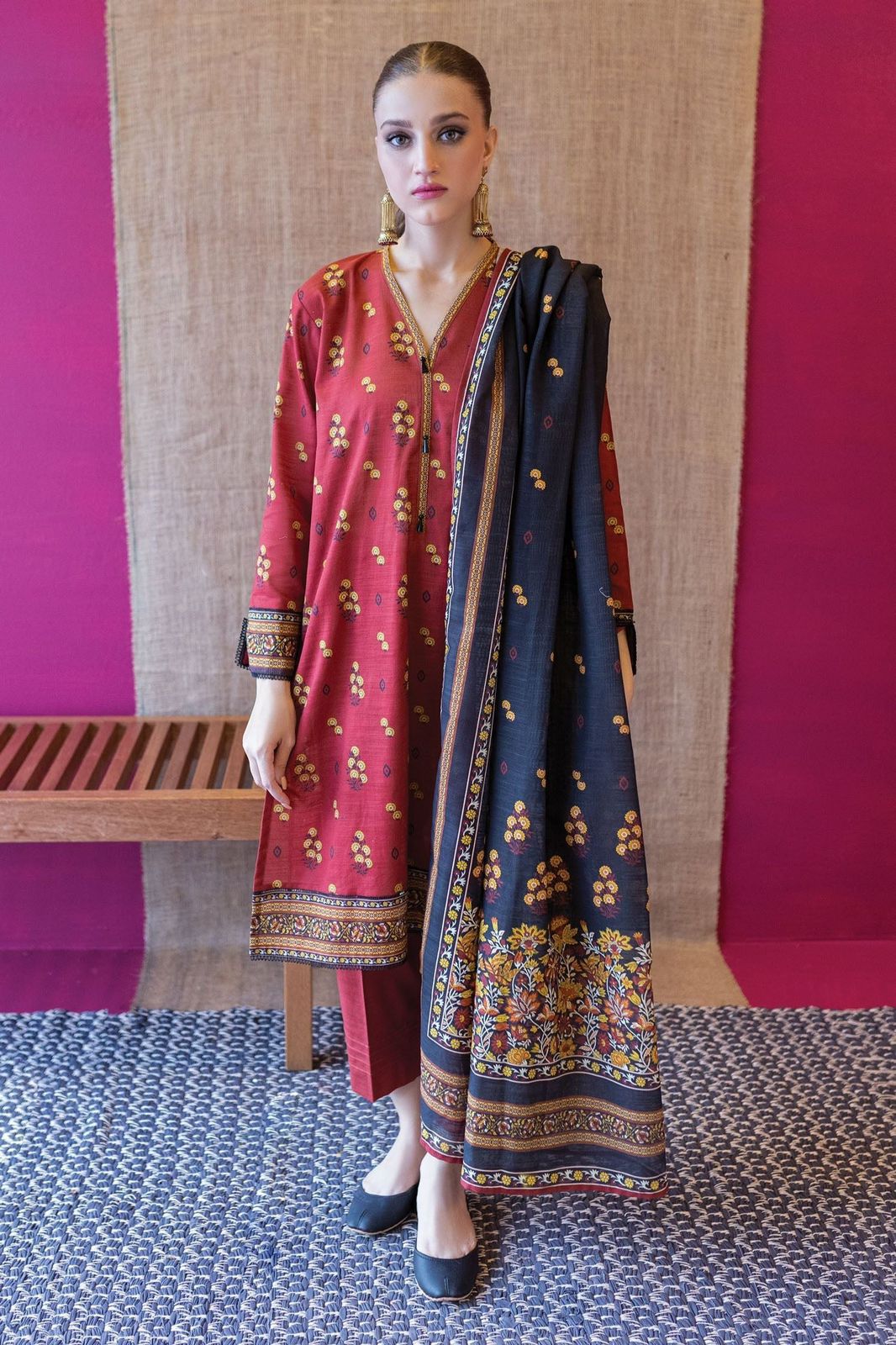 3- Piece Embroidered Khaddar Dress with Wool Shawl