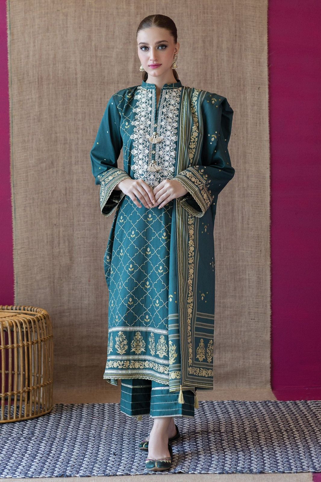 3- Piece Embroidered Khaddar Dress with Wool Shawl