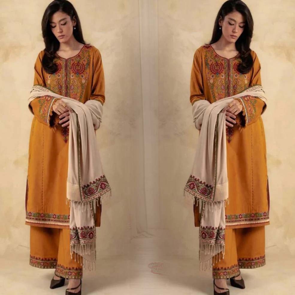 3- Piece Embroidered Dhanak Dress with Wool Shawl