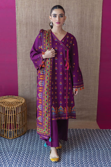 3- Piece Embroidered Khaddar Dress with Wool Shawl
