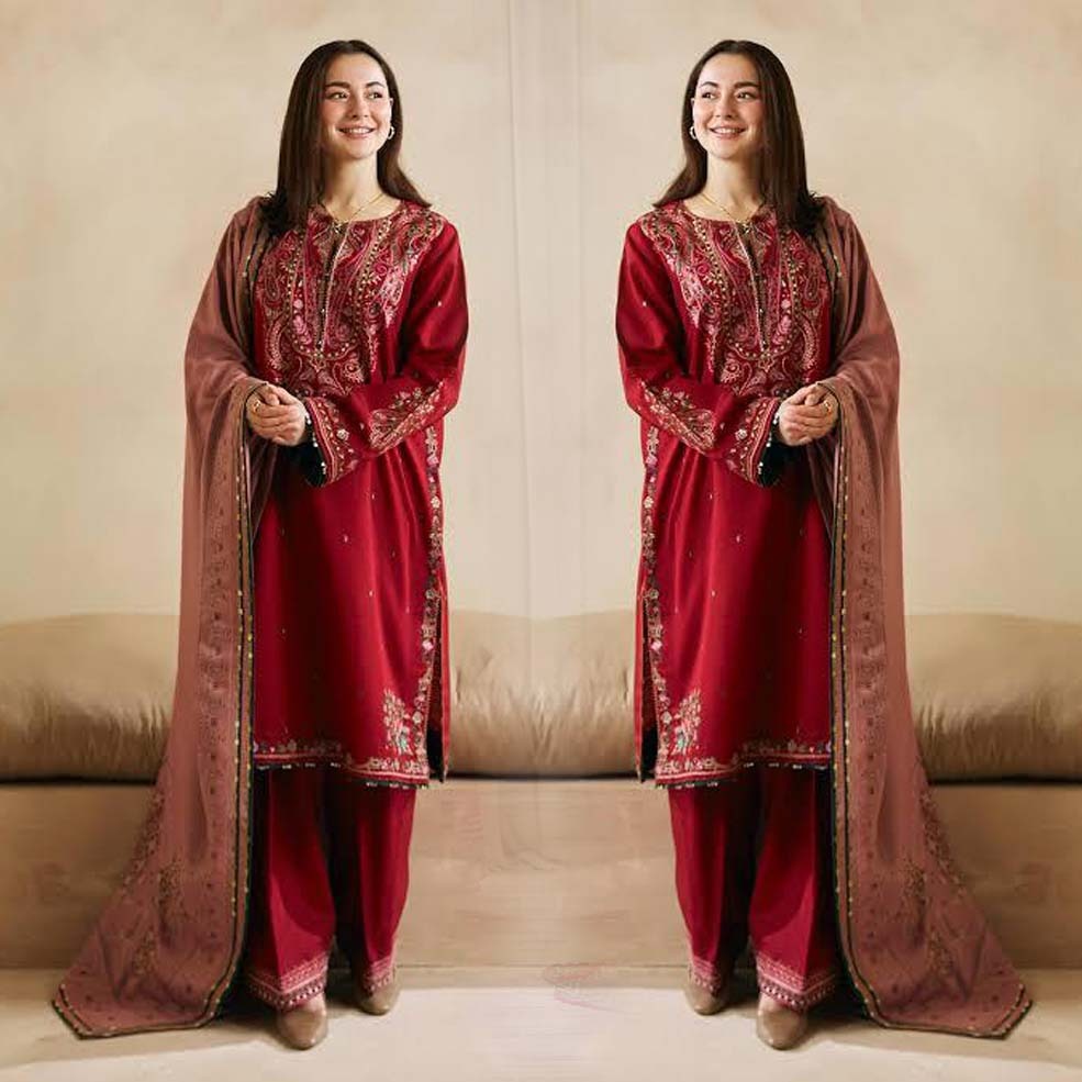 3- Piece Embroidered Dhanak Dress with Wool Shawl