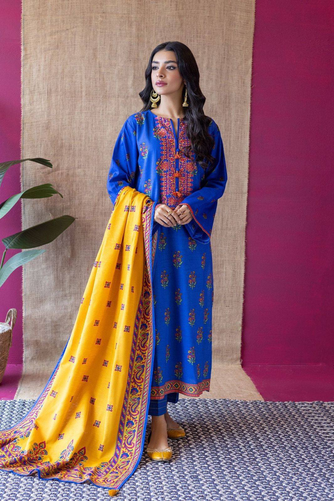 3- Piece Embroidered Khaddar Dress with Wool Shawl