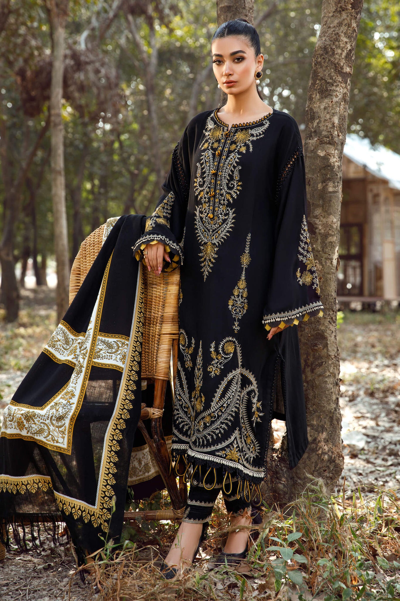 3-Piece Embroidered Dhanak Dress