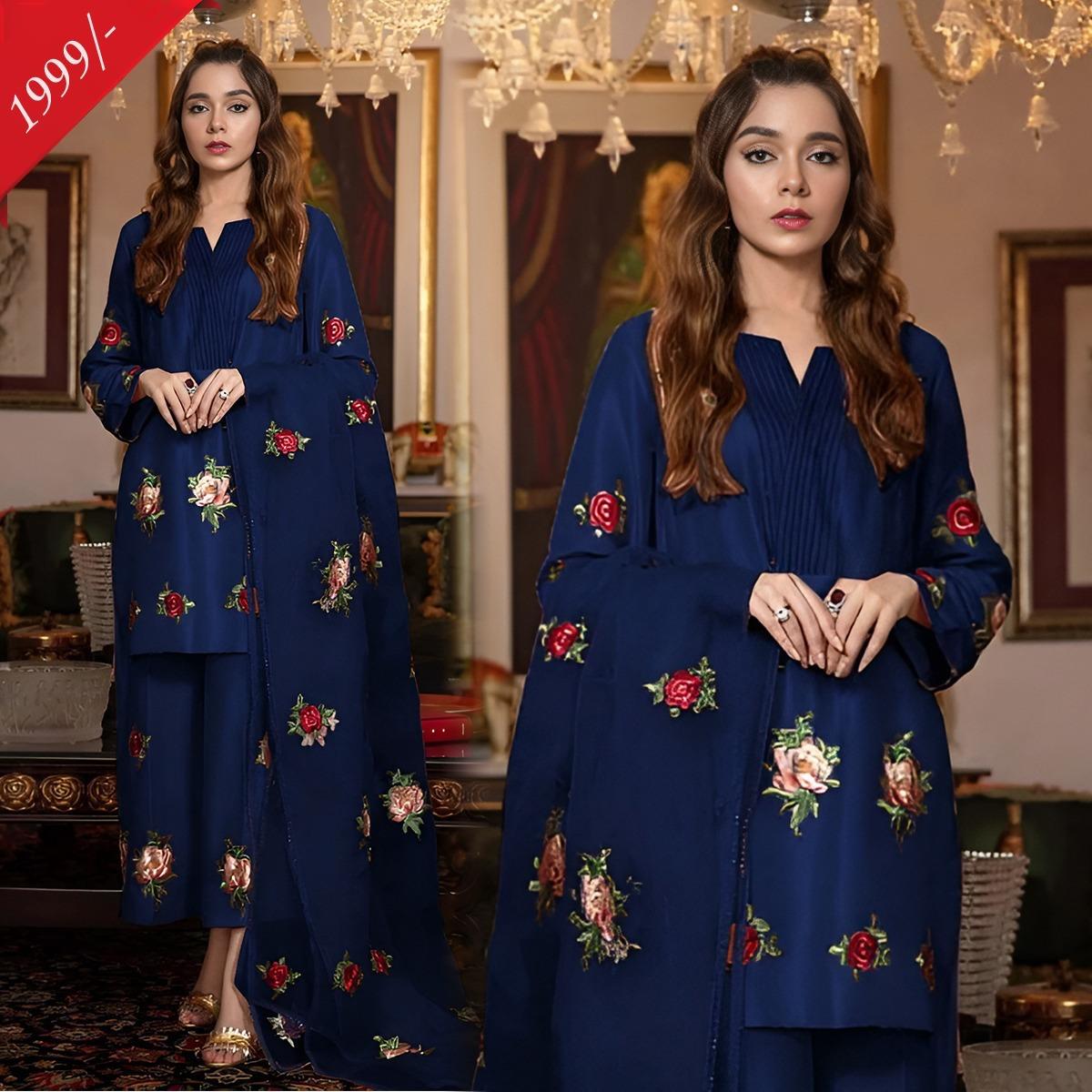 Silk Embroidred 3-piece  navy blue