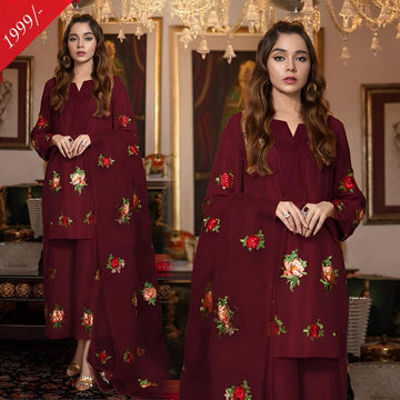 Silk Embroidred 3-piece  mehroon