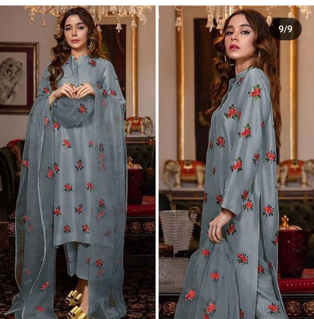 Silk Embroidred 3-piece  grey