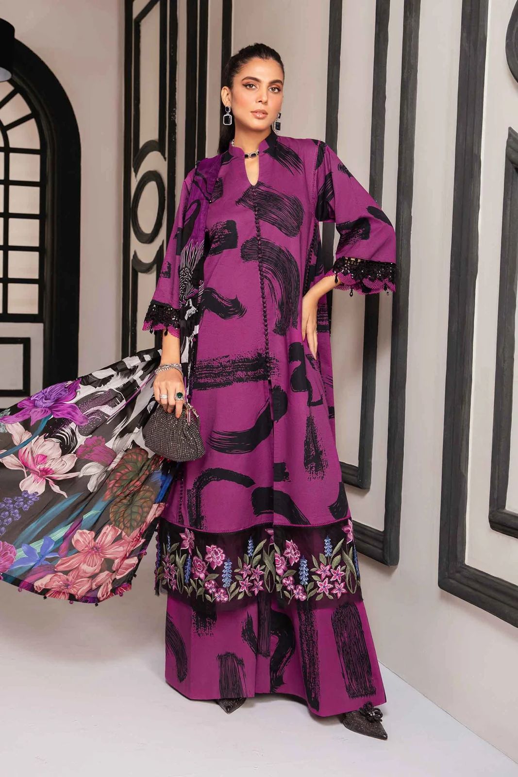 3-Piece Linen Dress with Linen Dupatta